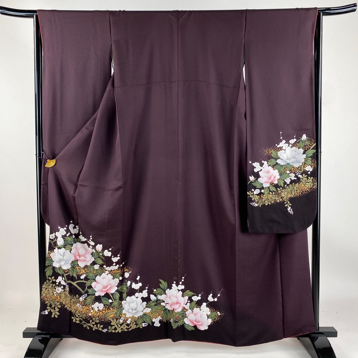 振袖 身丈164cm 裄丈67cm  袷 鞠 草花 金彩 紫 正絹 美品 名品 振袖 身丈161cm 裄丈65cm M 袷 草花 霞 金彩 茶紫 正絹 名品
