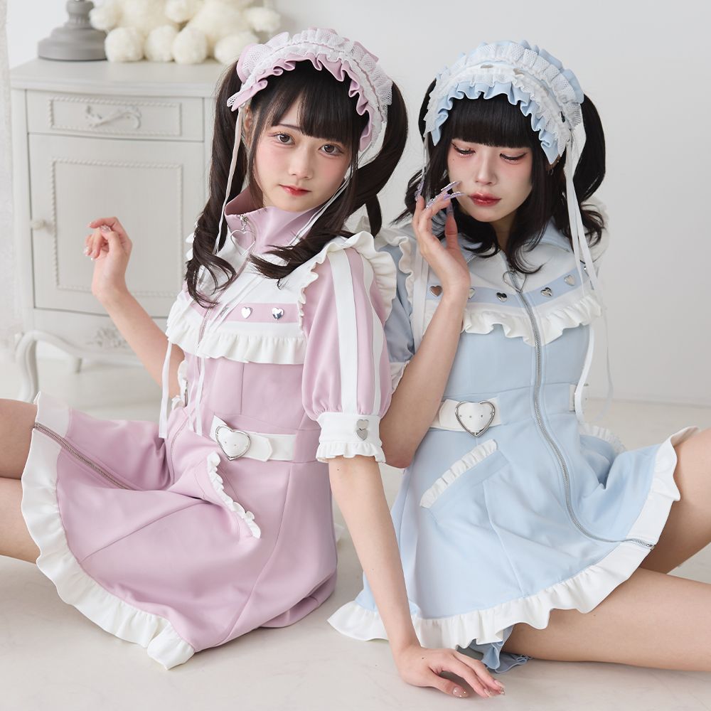 夢展望 フリルたっぷりメイドジャージワンピース ブラック×ピンク 夢展望公式 [新品未使用] フリルメイドジャージワンピース [ミニ