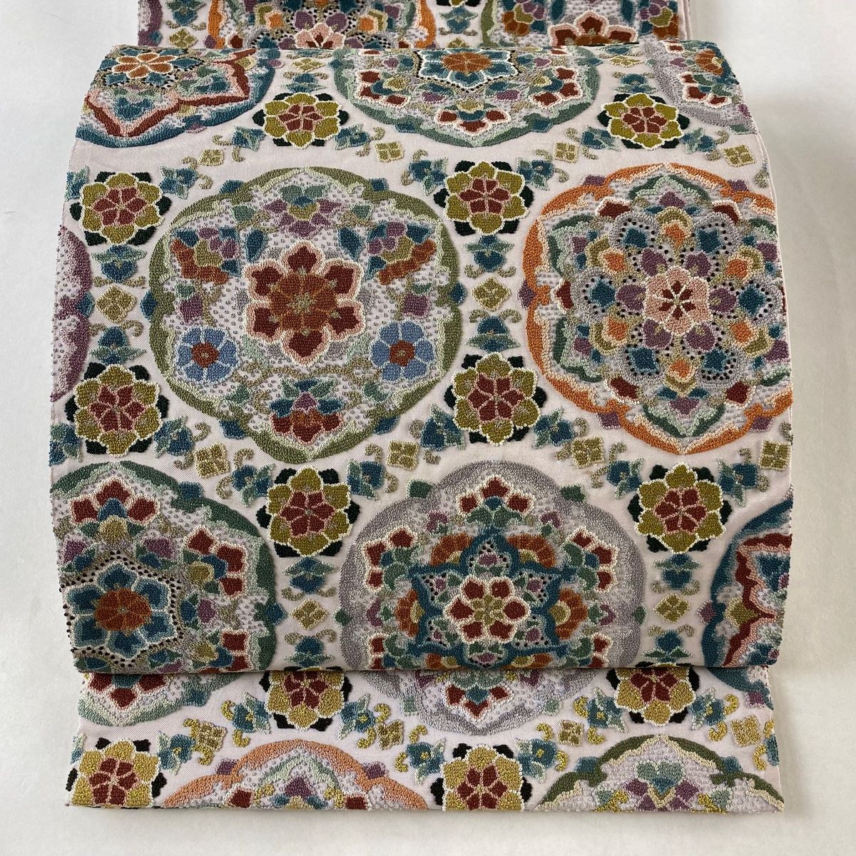 袋帯 華文 相良刺繍 金銀糸 灰紫 六通 正絹