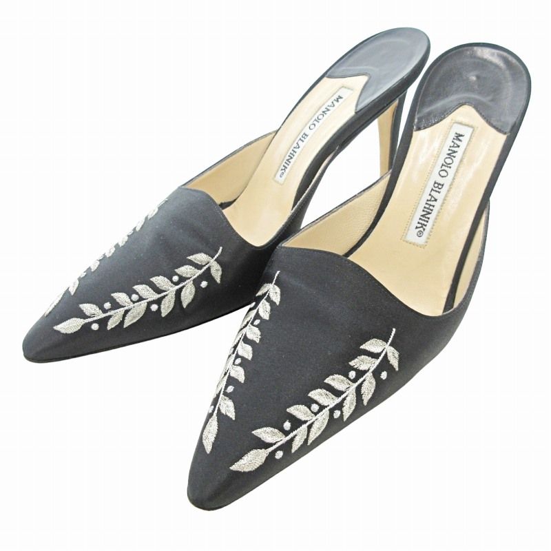 マノロブラニク MANOLO BLAHNIK 美品 サテン ミュール サンダル ポイン 