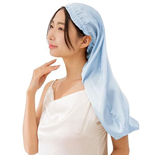 スカイブルー_50 [MOON VERY] ナイトキャップ シルク ロングヘア用 ロング ムーンシルク 100% 筒形 筒 ゴム紐 6A 50cmスカイブルー
