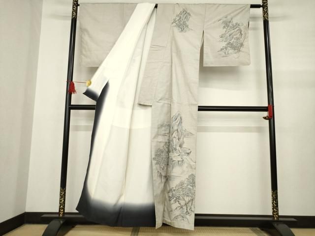 平和屋着物▽訪問着 単衣 作家物 紬地 手描き 人物風景文