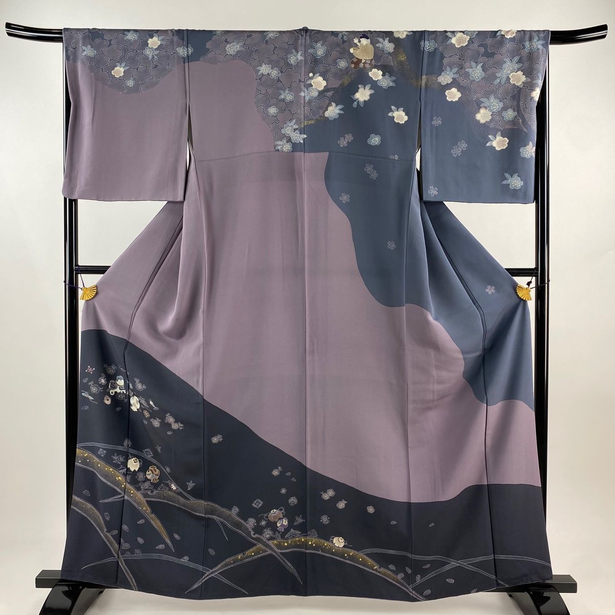 訪問着 身丈156.5cm 裄丈65cm M 袷 岡村蒼風 落款あり 建物 松 ぼかし 染め分け 青灰色 正絹 名品 中古