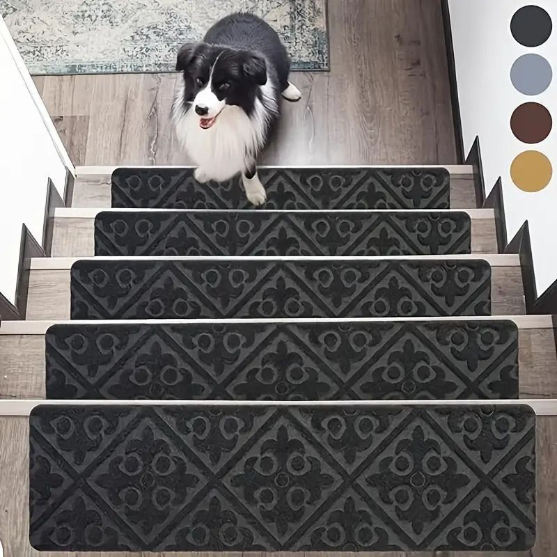 階段カーペット 階段ステップマット 階段敷き 階段マット 滑り止め マット おしゃれ 吸着 転倒防止 高齢者 こども ペット 洗濯OK 繰り返し使用可能 エンボス 76×20cm 15枚入り ブラック 黒