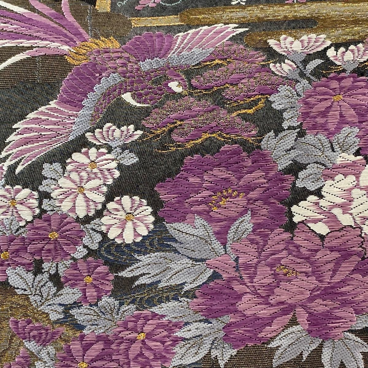 帝王紫 じゅらく 袋帯 鳥 花菱文様 唐花 金糸 正絹 六通 Q856 袋帯 じゅらく 帝王紫 短冊に春秋百花模様 黒色 金箔 金糸
