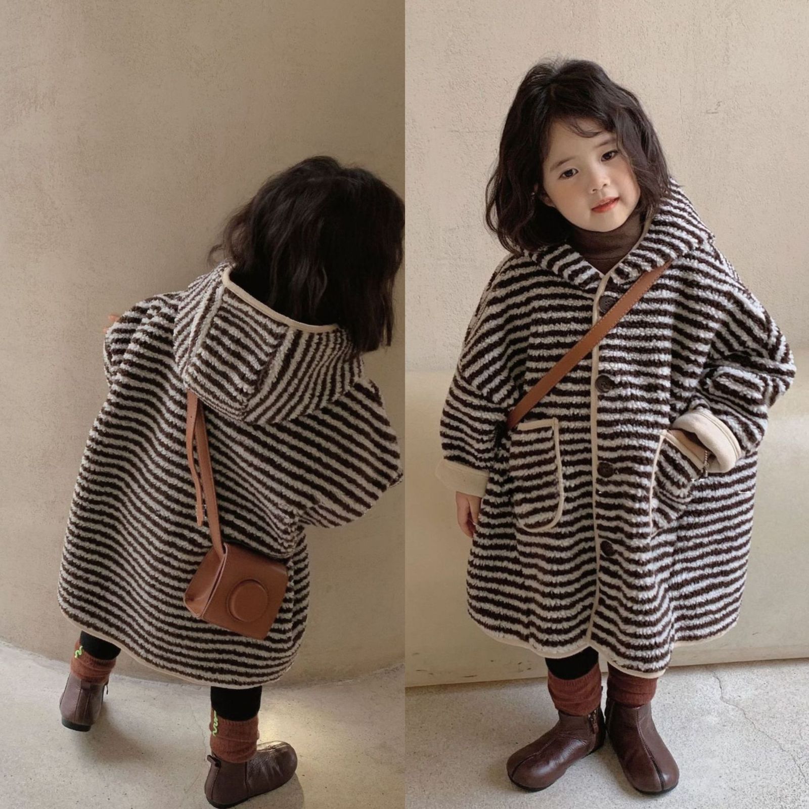 キッズ コート 女の子 アウター ジャケット ロング丈 フード付き ポケット付き 厚手 暖かい 子供服 ジュニア 秋冬 防寒 可愛い お出かけ ストライプ ふわふわ もこもこ 子供 韓国 sWqJ357