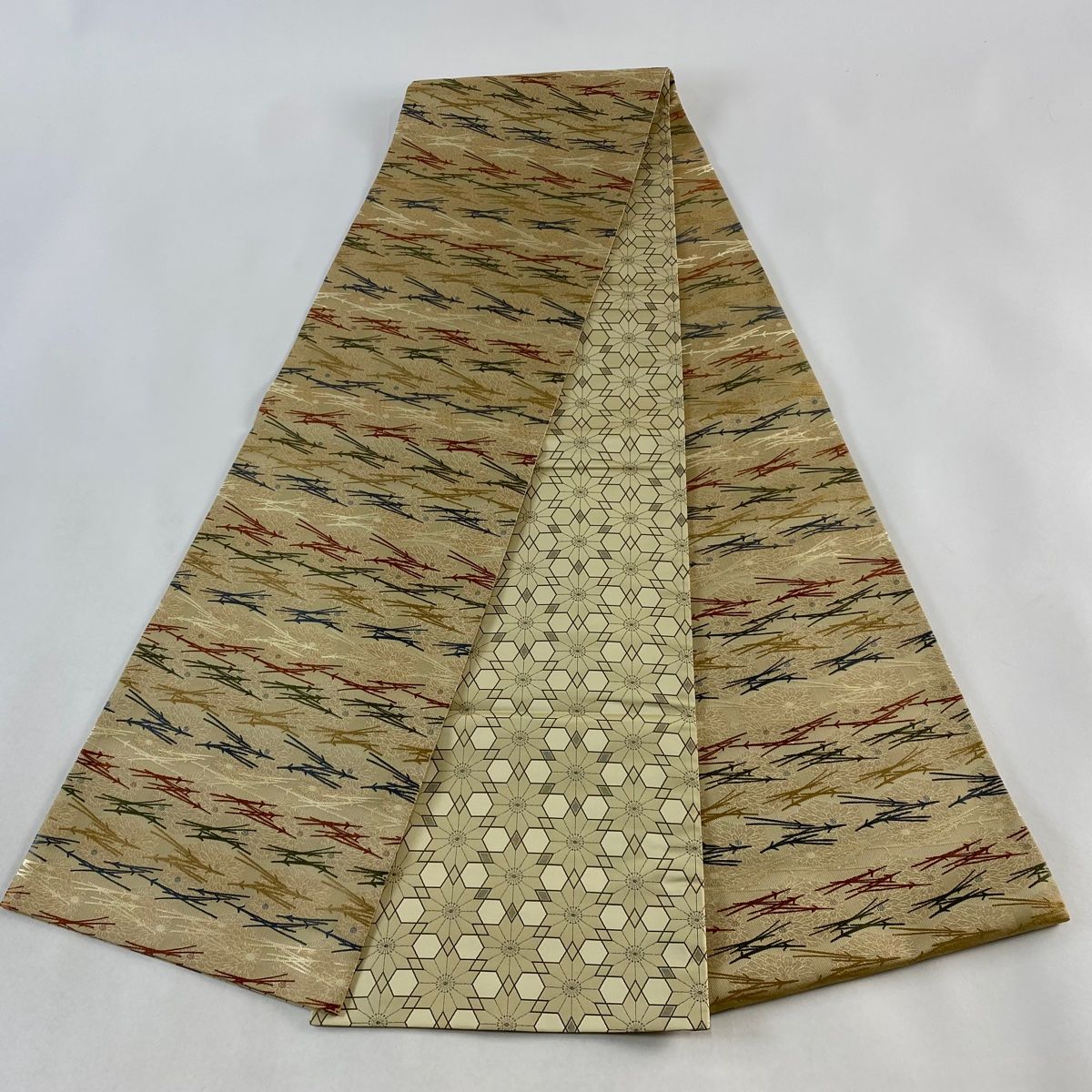 袋帯 美品 逸品 菱屋善兵衛 落款 松葉 菊 金糸 ベージュ 全通
