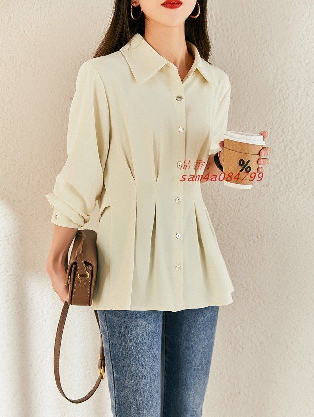 ブラウス レディース 長袖 バックプリーツブラウス 襟付きブラウス トップス 大きいサイズ 通勤服 オフィス ウエストマーク プリーツ シャツブラウス am4a084799