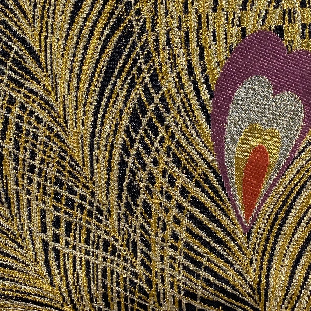 孔雀の羽 手刺繍 洒落 袋帯 金糸 箔 正絹 お太鼓柄 Q690 孔雀の羽 手刺繍 洒落 袋帯 金糸 箔 正絹 お太鼓柄 Q690