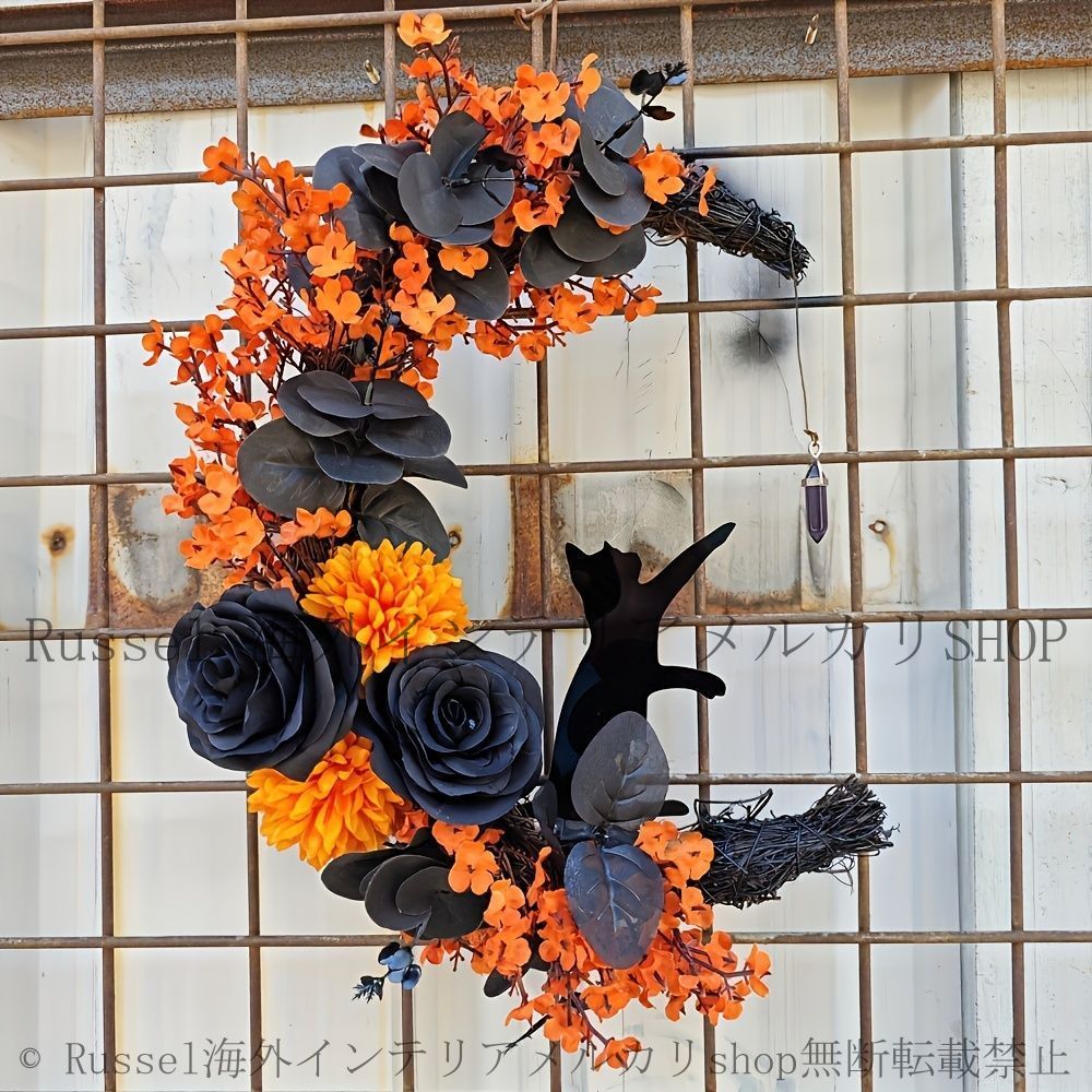 ハロウィンリース　オーナメント　ハンドメイド　三日月リース　クレセント　黒猫 ハロウィンリース 黒猫 LEDライト付き ネコ ハロウィン