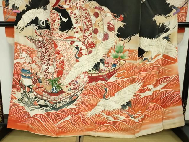 平和屋本店□極上 アンティーク 大正ロマン 振袖 刺繍 飛鶴 宝船 黒地  