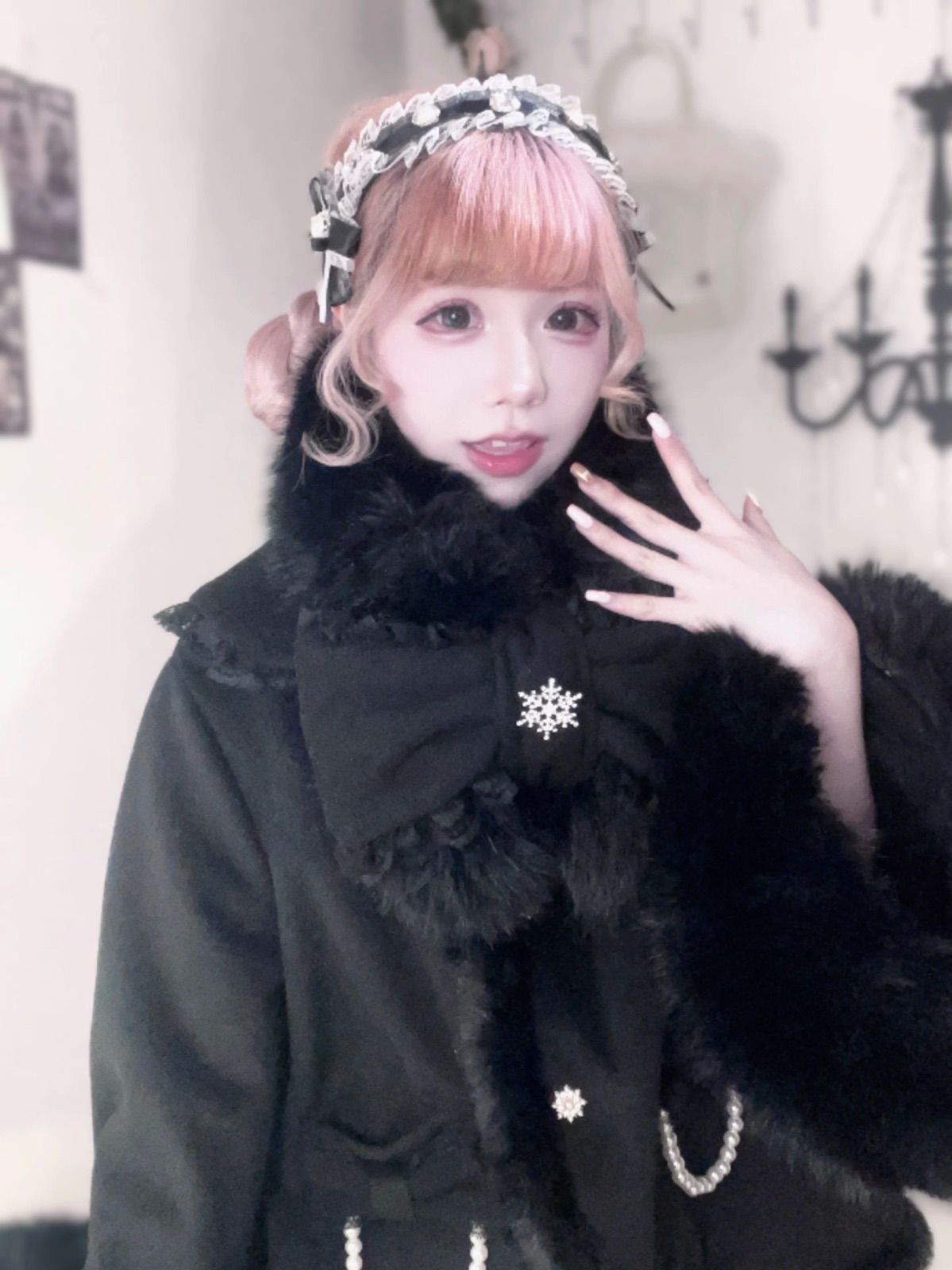 黒雪の結晶✴︎リボン ふわふわ ファー コート リボン ポンチョ