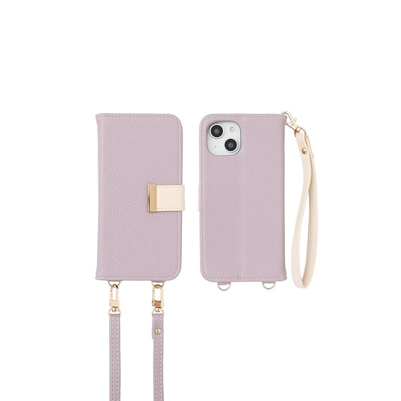 新品　MINTY iPhone14 ケース iPhone13 ケース 両機種対応 手帳型 ショルダー ストラップ バイカラー ライラック×エクリュ