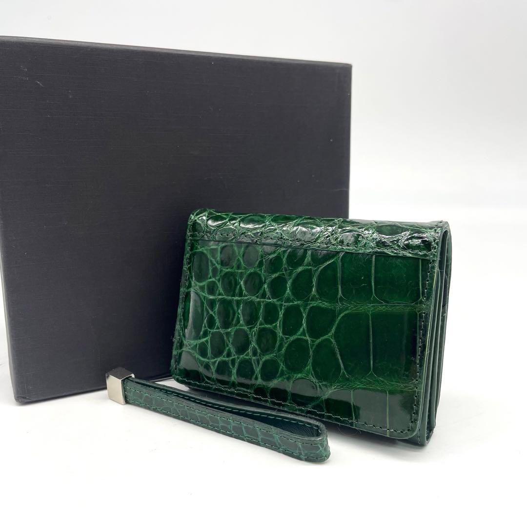 折財布 ミニウォレット コインケース クロコダイル シャイニング ストラップ グリーン