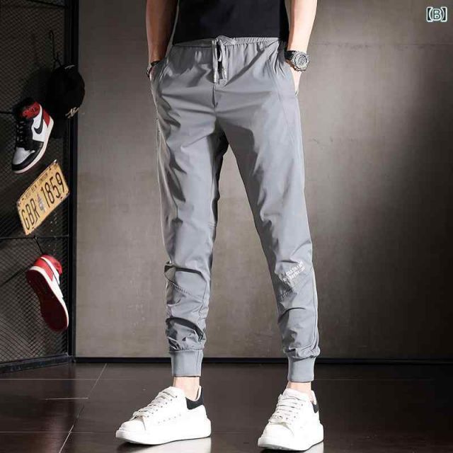 [38 19]メンズ ファッション オシャレ 男性用 シンプル 大人 かっこいい カジュアル ストリート ヒップホップ HipHop アイスシルク 薄型 パンツ 夏 スリム フィットパンツ レッグ バディング 速