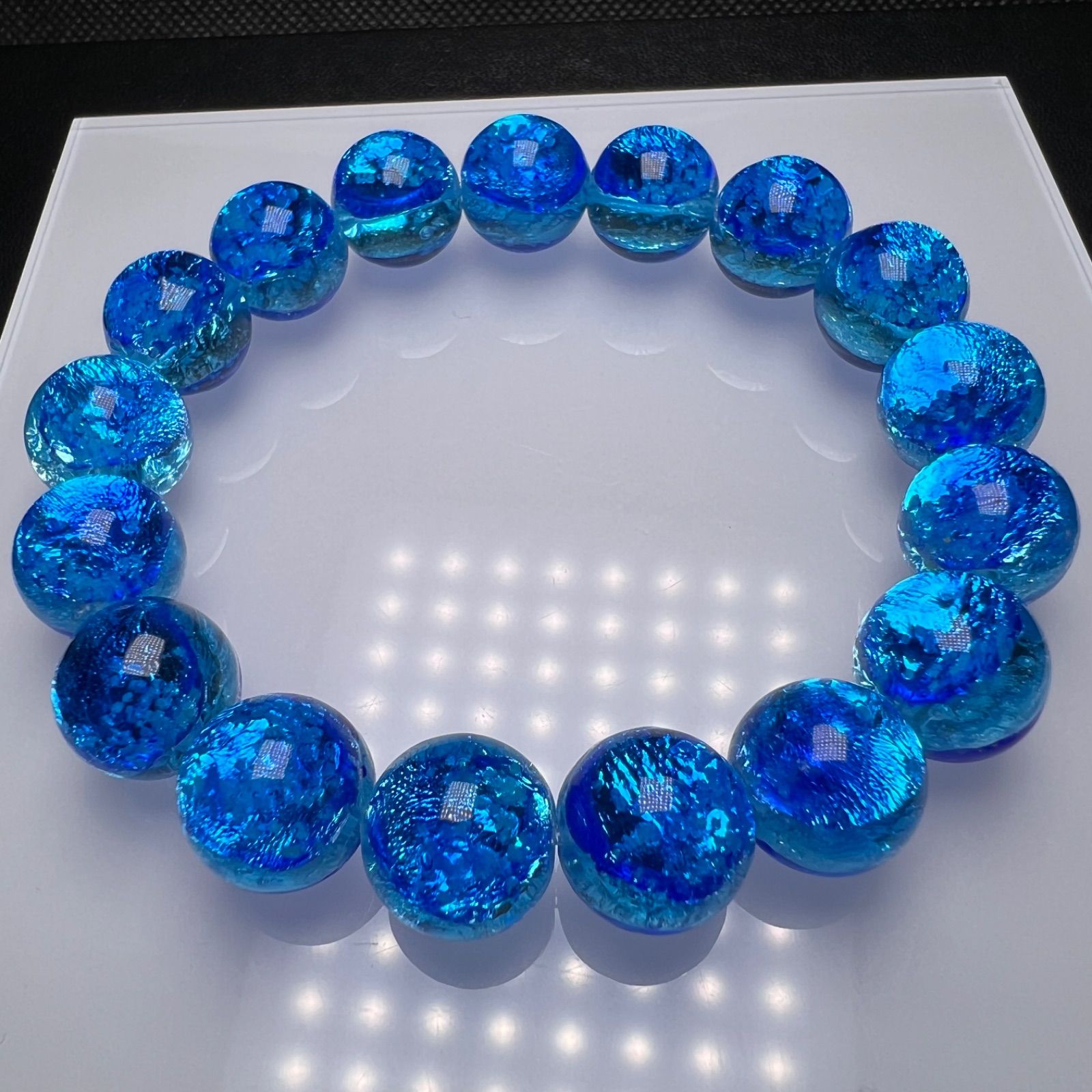 ミヤコマリン 12mm ブレスレット 蓄光 ホタルガラス とんぼ玉 ミヤコマリン 12mm ブレスレット 蓄光 ホタルガラス とんぼ玉