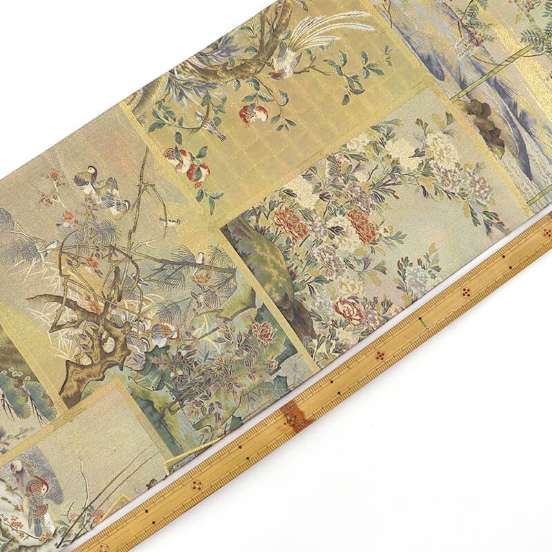 【在庫限りの大特価】 丸帯 フォーマル 正絹 全通柄 渋金 日本屏風絵大観 プラチナ本金箔 長さ446cm 幅31.5cm 和装 礼装 フォーマル 着物 仕立て上がり