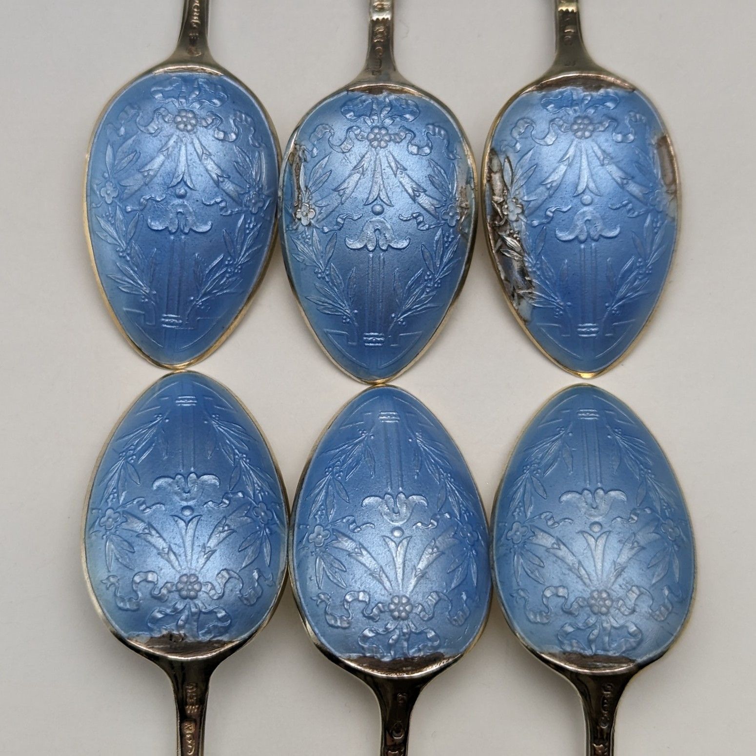 1913年 英国アンティーク エナメル装飾 純銀製 コーヒースプーン6本