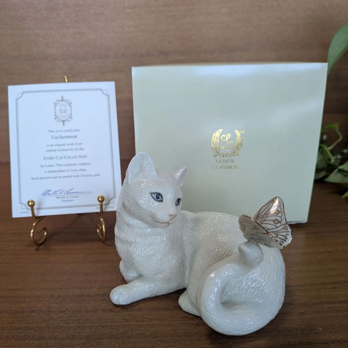 大きなサイズ LENOX レノックスペルシャ猫 陶器 置物 キャット 24K 蝶