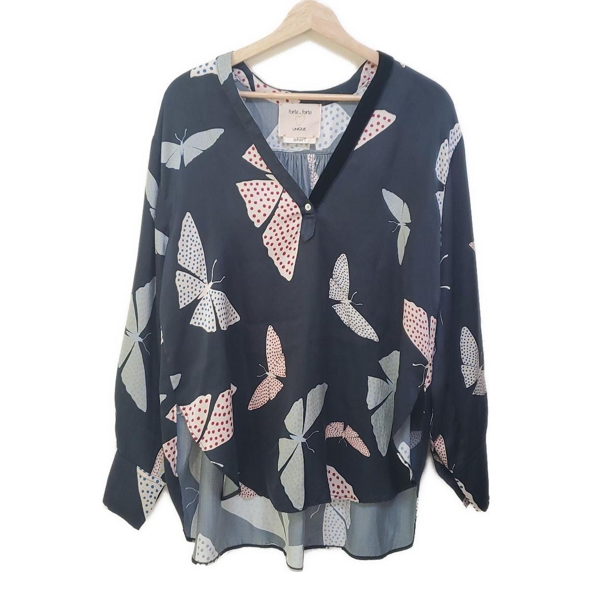 forte_forte フォルテフォルテ 長袖シャツブラウス サイズ0 XS レディース - 黒×ブルー×マルチ バタフライ 蝶 プルオーバー