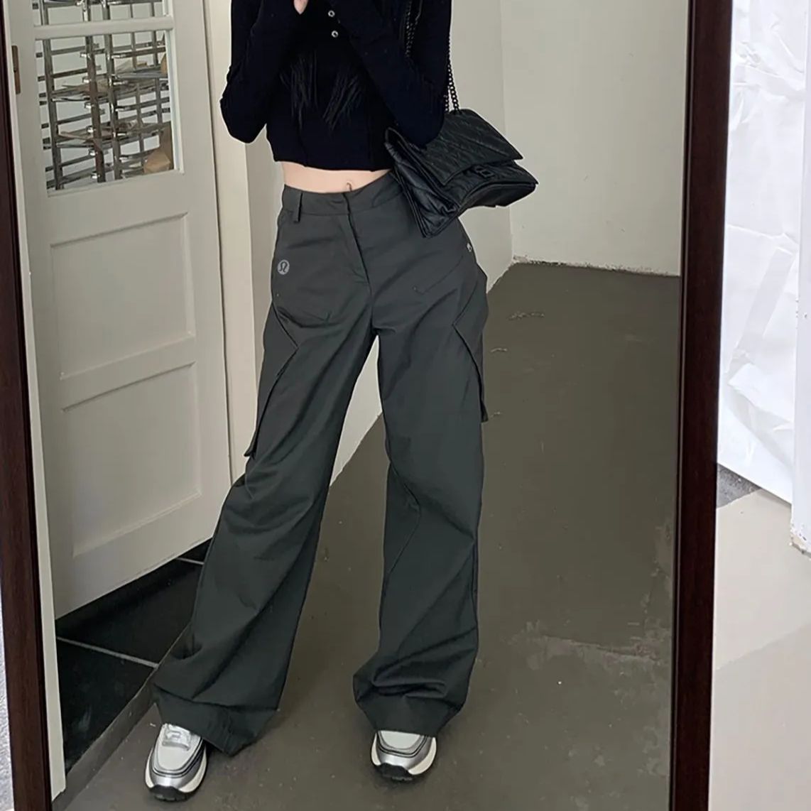 lululemon 新しいダークグレーアメリカンスウィートクールハイウエストストレートレッグワークパンツ女性デザインスリムカジュアルパンツ