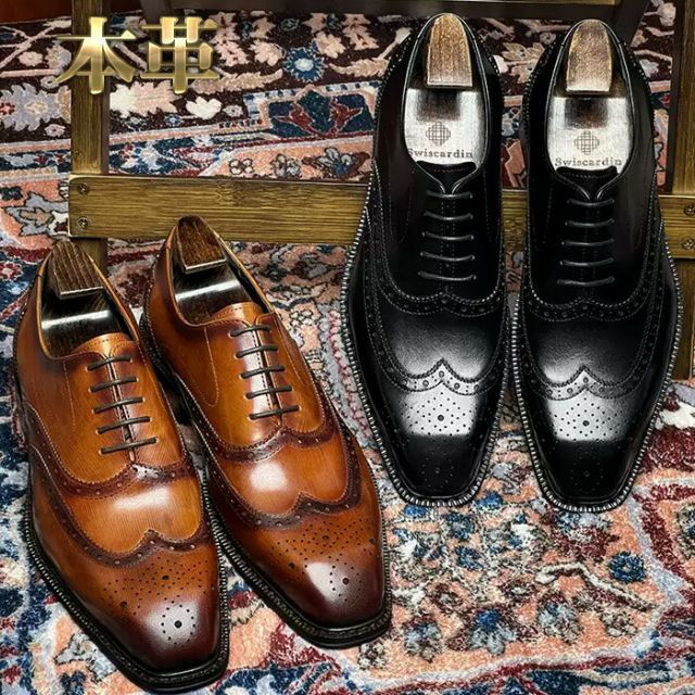 革靴 ビジネスシューズ レザー メダリオン フォーマル ウイングチップ メンズシューズ レースアップ 紐靴 紳士靴 送料無料 ブラック27.0 ウォウフォ] メンズ靴 レザー ビジネスシューズ 紐 メダリオン