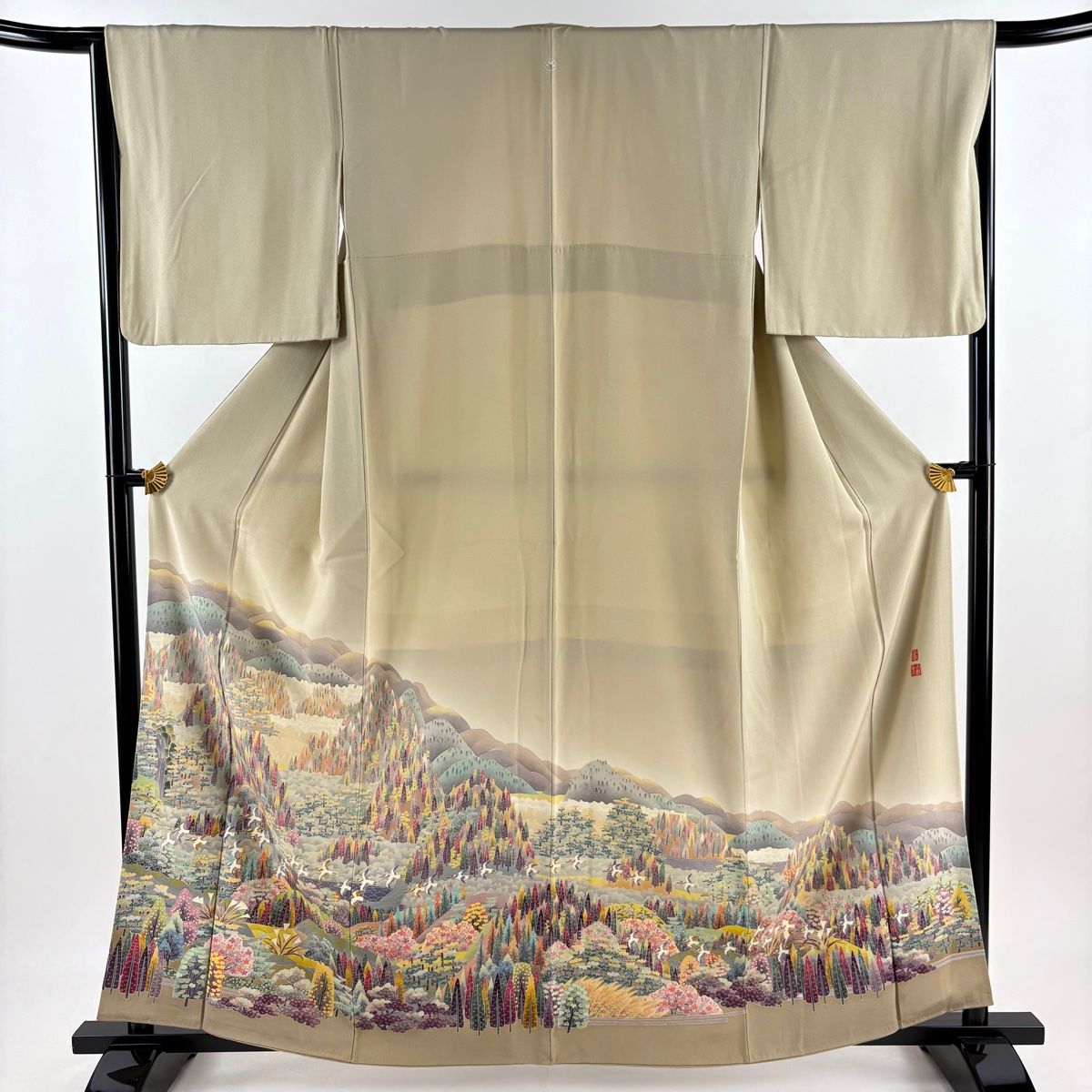 色留袖 身丈159.5cm 裄丈65cm M 袷 百貫華峰 落款 樹木 鳥 ぼかし ベージュ 正絹 名品 一つ紋