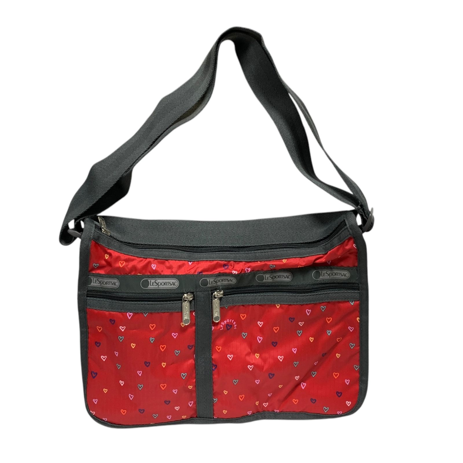 ◆ ◆LeSportsac レスポートサック ショルダーバッグ ハート柄 レッド×ブルー系 旅行カバン ポーチ付き 臭い有り Q89085NM