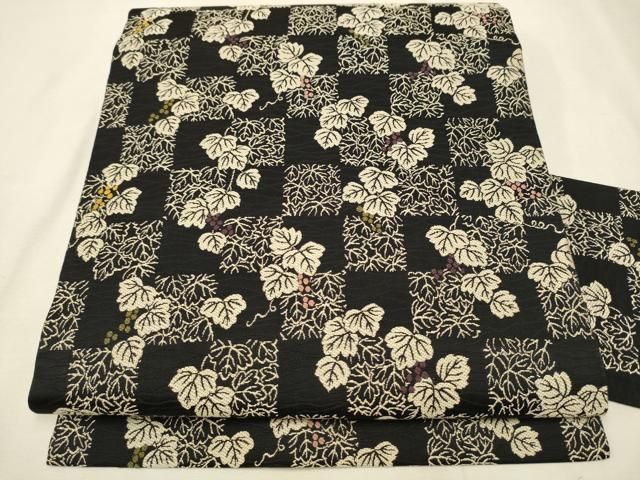 平和屋着物○九寸名古屋帯 唐織 市松葡萄蔦の葉文 正絹 逸品