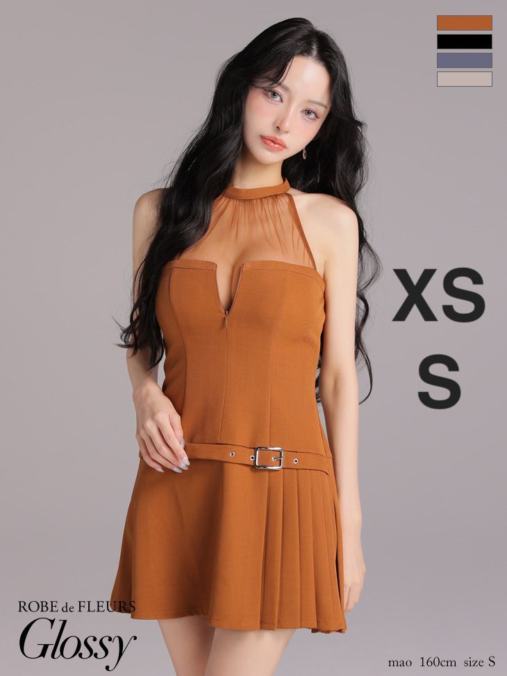 キャメル GL4153-GY-2509 XSサイズあり Glossy|グロッシー ROBE de FLEURS Glossy|ローブドフルール グロッシー シアー| ホルターネック| フ | ミニドレス| キャバドレス