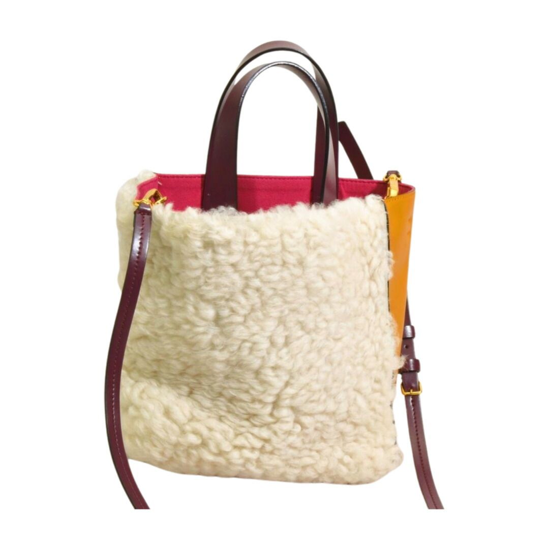 マルニ MARNI SOFT MUSEO トートバッグ ハンドバッグ ショルダーバッグ 2way ムートン レザー イエロー ホワイト レディース F-YA1125