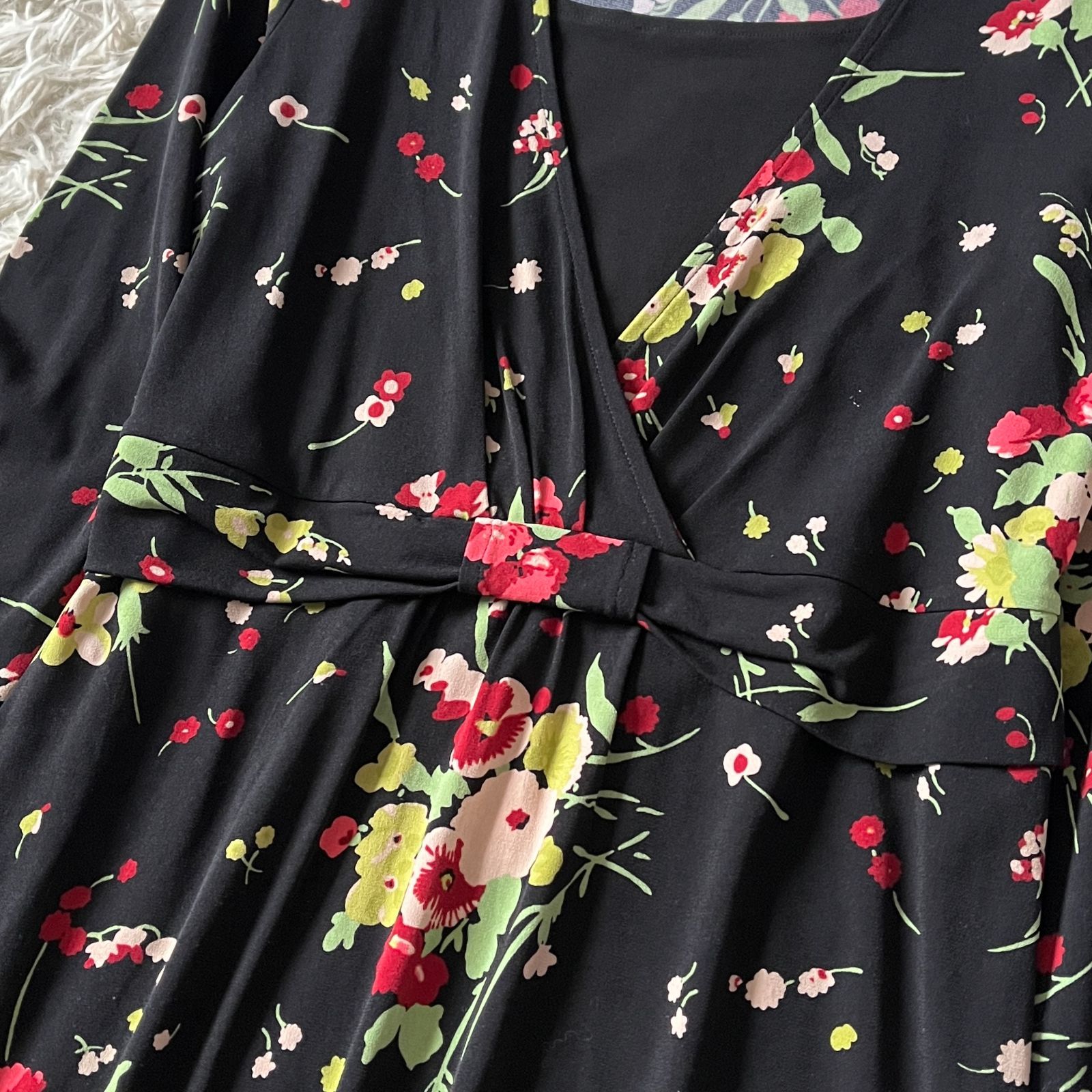 Laura Ashley ローラアシュレイ ロング丈 花柄ワンピース 黒 9号 M 