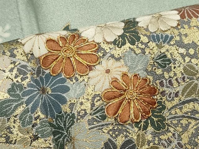 色無地 一つ紋 刺繍 松竹梅 エ霞 正絹 広衿 袷着物 T-2475