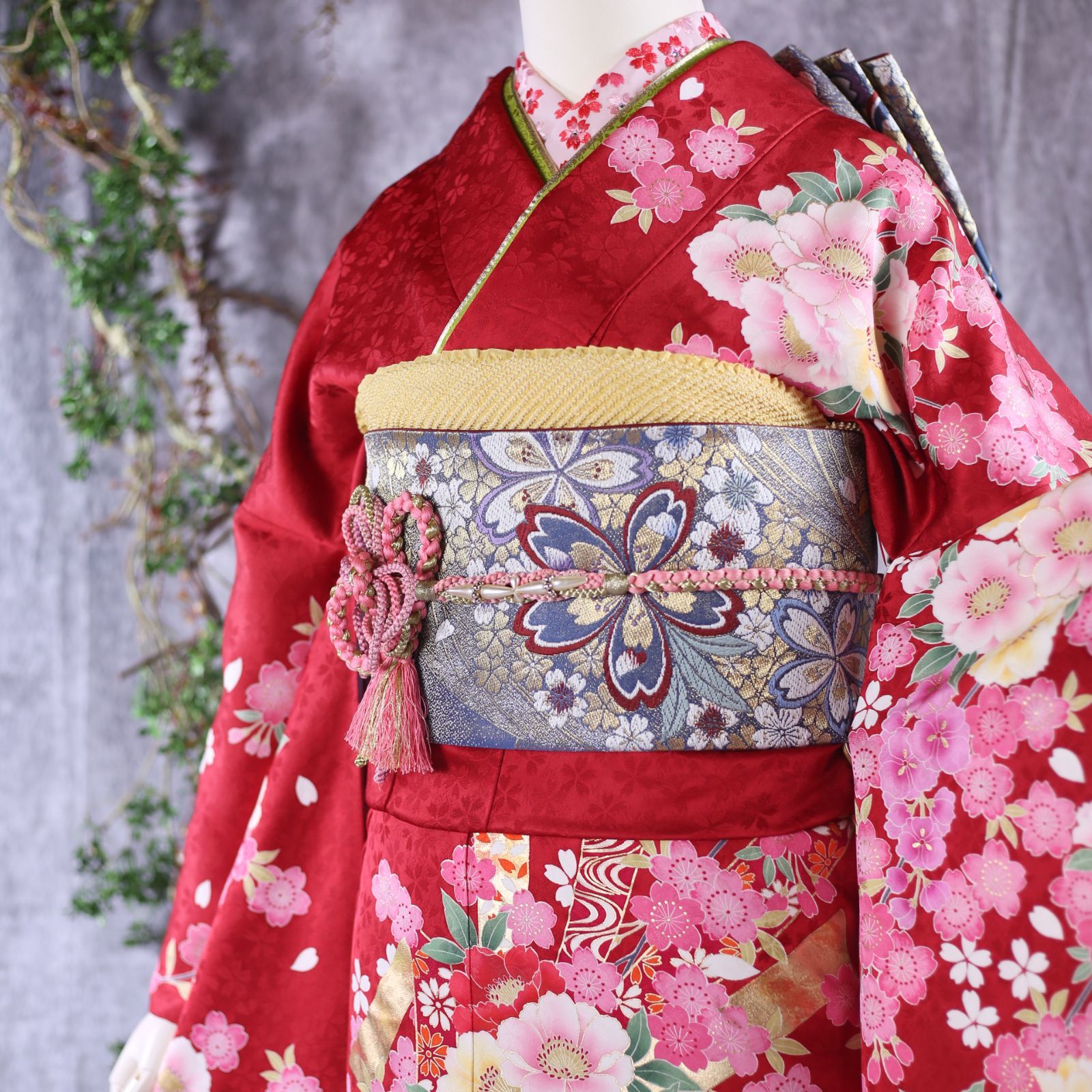 振袖フルセット 裄69.2cm 身丈163cm 辛子色正絹 L サイズ 2745 振袖 レンタル フルセット 紅型 黄色 カラシ 適応身長158cm