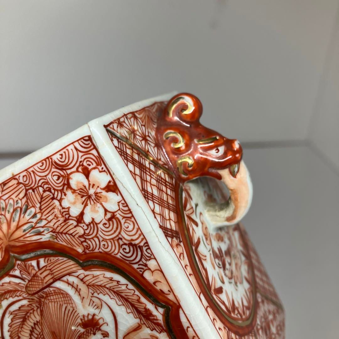 時代 九谷焼 赤絵 獅子摘み香炉 高さ15.2cm 東H5-0630①トヒチル