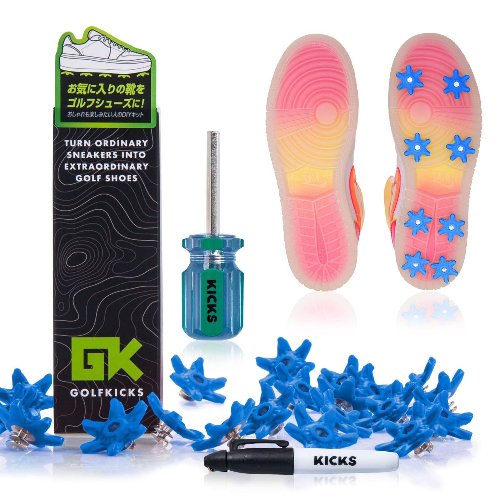 【日本代理店品】 ゴルフキックス GOLFKICKS スニーカー を ゴルフシューズ に ! ゴルフ シューズ スパイク (Blue)