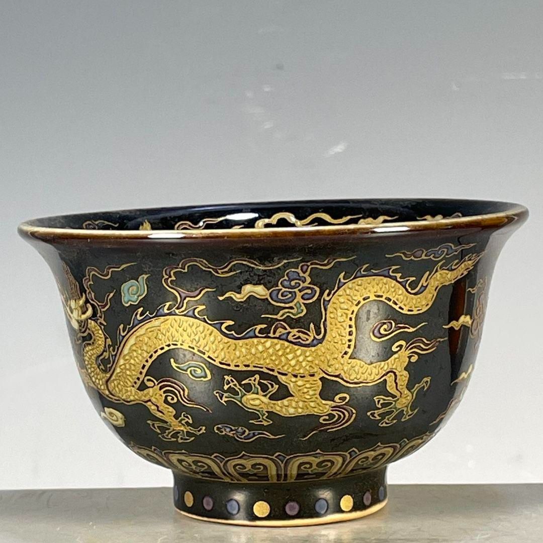景徳鎮 陶磁器 黒地龍紋茶杯 茶碗 茶道具 装飾品 現代工芸品