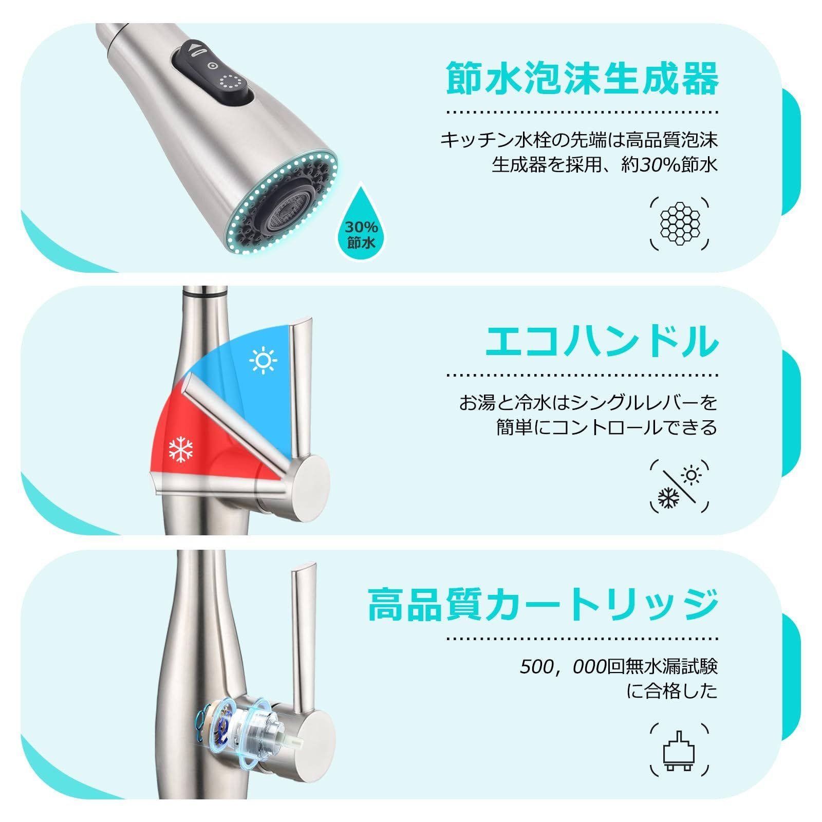 蛇口シャワーホース 引出し式水栓３つ水流モード