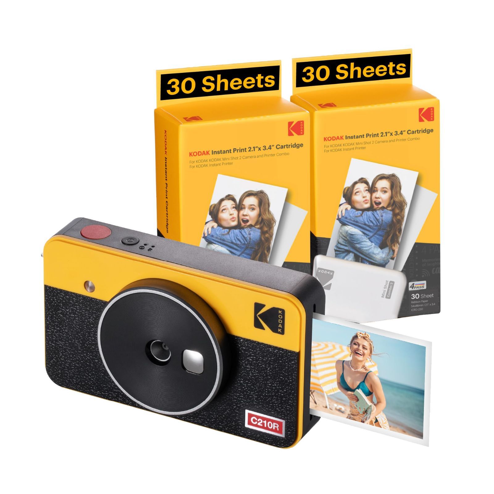 【数量限定】2 レトロ Shot 4PASS Mini KODAK  2-in-1インスタントカメラ＆フォトプリンター(53x86cm)＋カメラ本体8枚入り+60枚バンドル、イエロー コダック