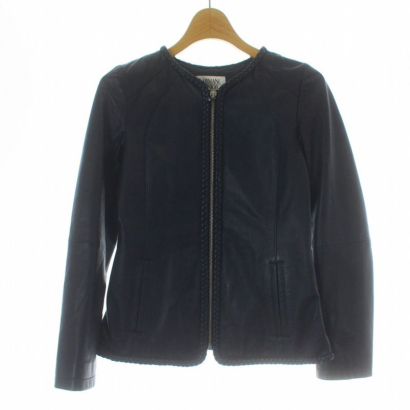 アルマーニ ジュニア ARMANI Jr シープレザージャケット ノーカラー ジップアップ 編み込み 女の子 キッズ 12A 154cm 紺 ネイビー |KU