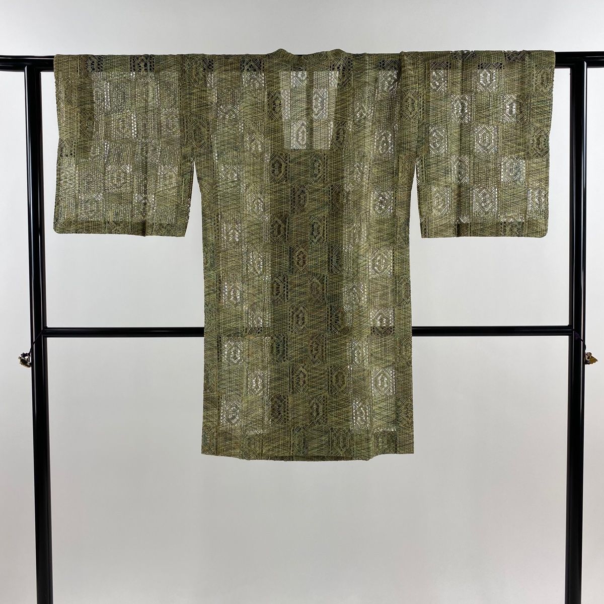 道行 身丈97.5cm 裄丈61.5cm S 和装コート 角衿 幾何学 茶緑色 正絹 秀品