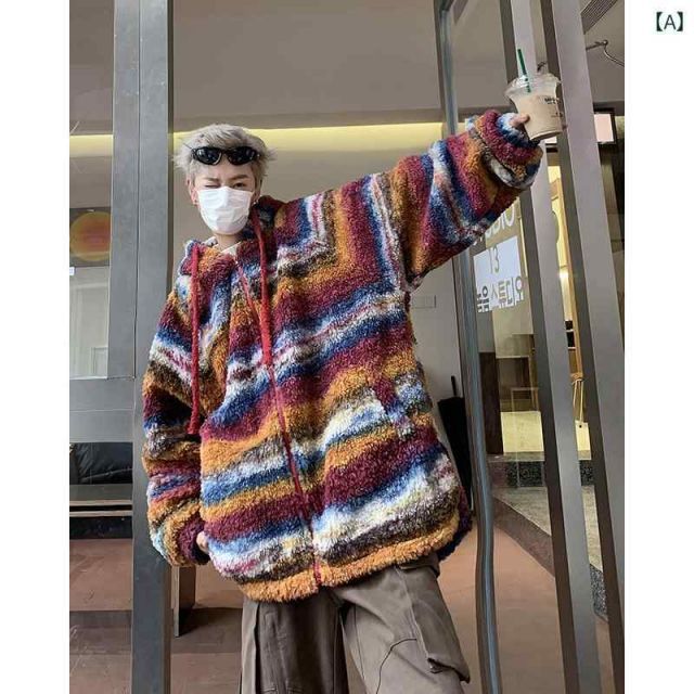 M 秋冬 コーデ メンズ 服 シンプル ファッション オシャレ 大人 かっこいい 大きいサイズ ストリート 紳士服 ストライプ ラムウール ジャケット ベルベット 韓国スタイル カップル フード付き 綿 コート