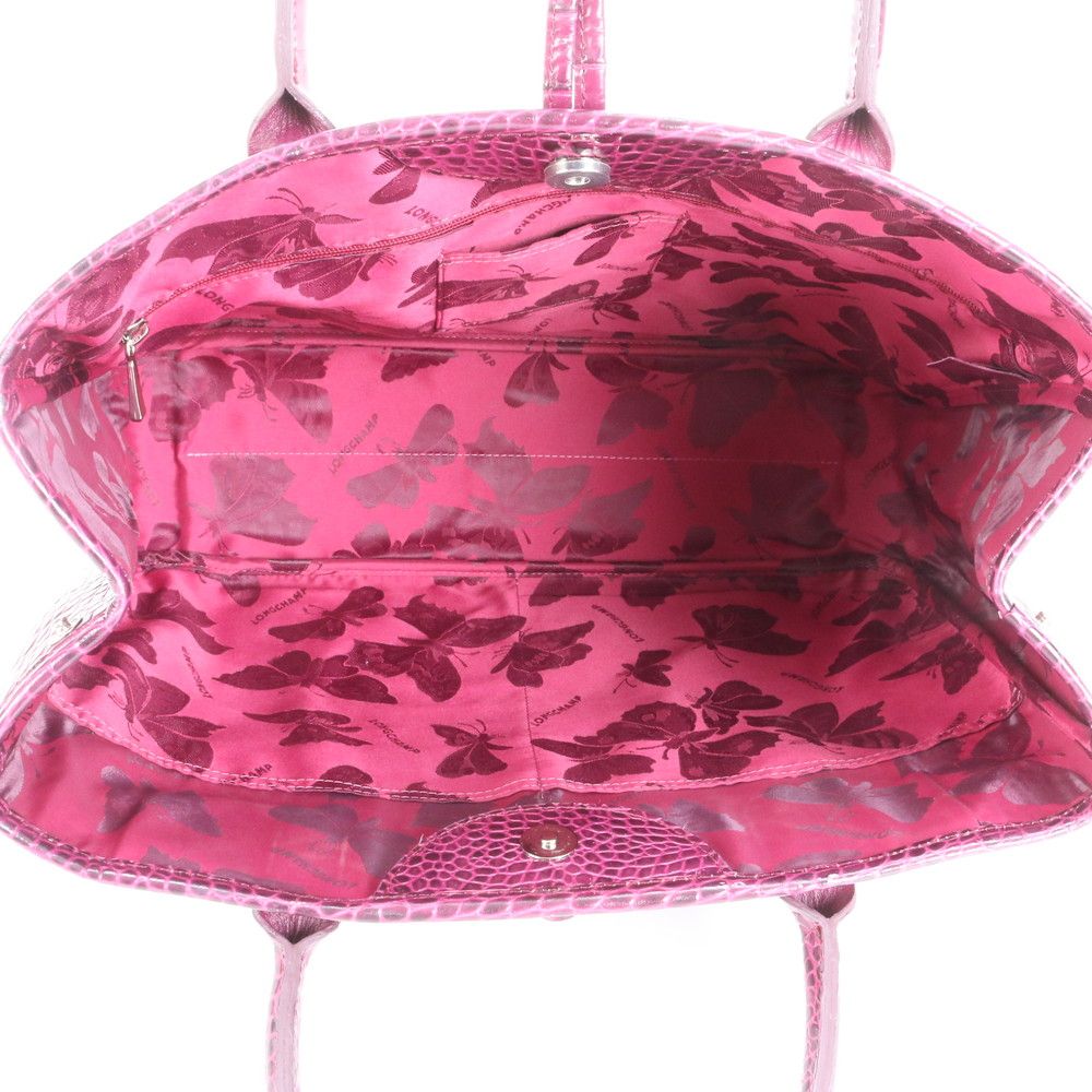 美品 ロンシャン ハンドバッグ トートバッグ 腕掛け ロゾ レザー ピンク系 極美品 ロンシャン ロゾ クロコダイル エンボス レザー トート