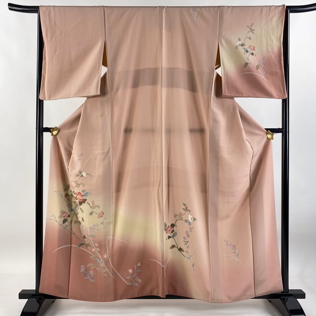 訪問着 身丈159cm 裄丈65.5cm M 袷 鈴乃屋 枝花 草花 ぼかし 染め分け ピンク 正絹 秀品