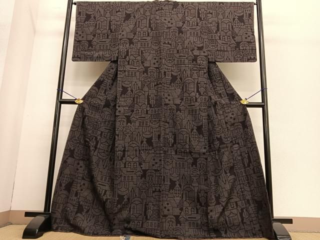 平和屋着物○本場結城玉紬 西洋風景文 結織苑扱い 証紙付き 正絹 逸品  