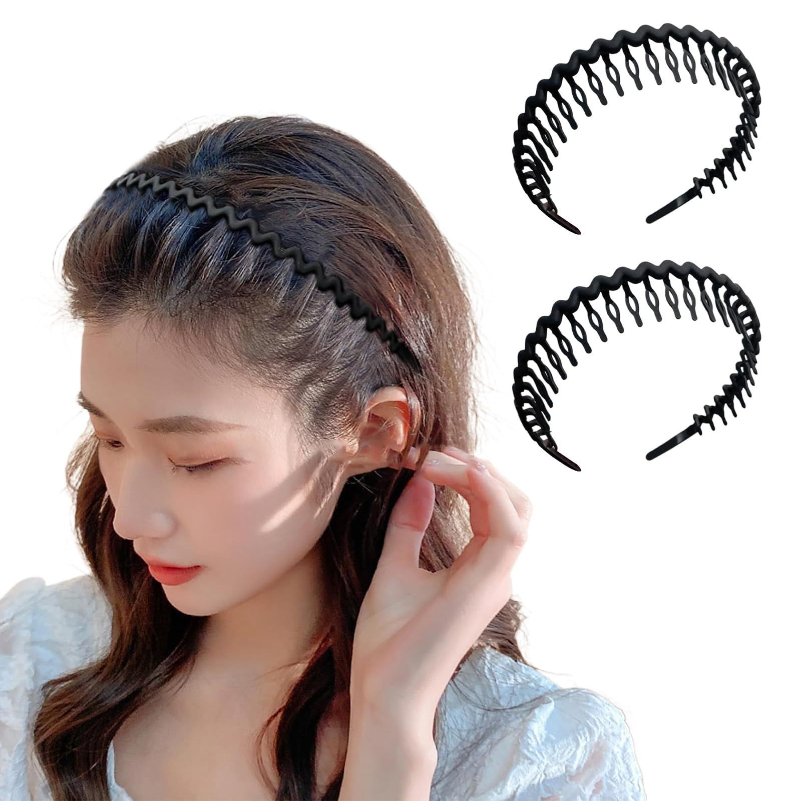 男女兼用 レディース ブラック 部屋用 ヘアアクセサリー 滑り止め 痛くない 固定 波型 洗顔 中くらい 前髪留め コーム付き ヘアフープ 2個セット カチューシャ ポクミル
