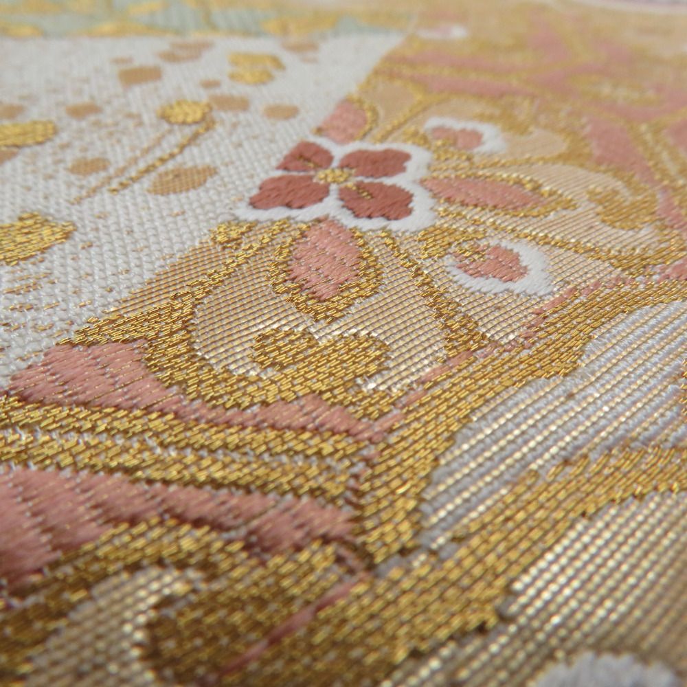 袋帯 織彩吉祥錦 吉祥模様 六通柄 クリーム色ｘ金色ｘ多色 パステル系 金糸銀糸 正絹 仕立て上がり 着物帯 長さ440cm 【キモノオフ野々市若松店】 袋帯 織彩吉祥錦 吉祥模様 六通柄 クリーム色x金色x多色 パステル系