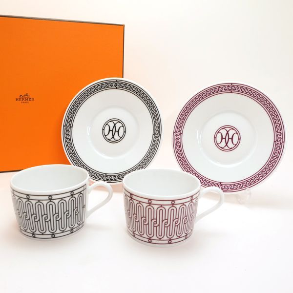 HERMES アッシュデコ ティーカップ＆ソーサー 2客セット ルージュ C&S H Deco Rouge 色違い 美品 ◆送料込み◆質屋-i9425