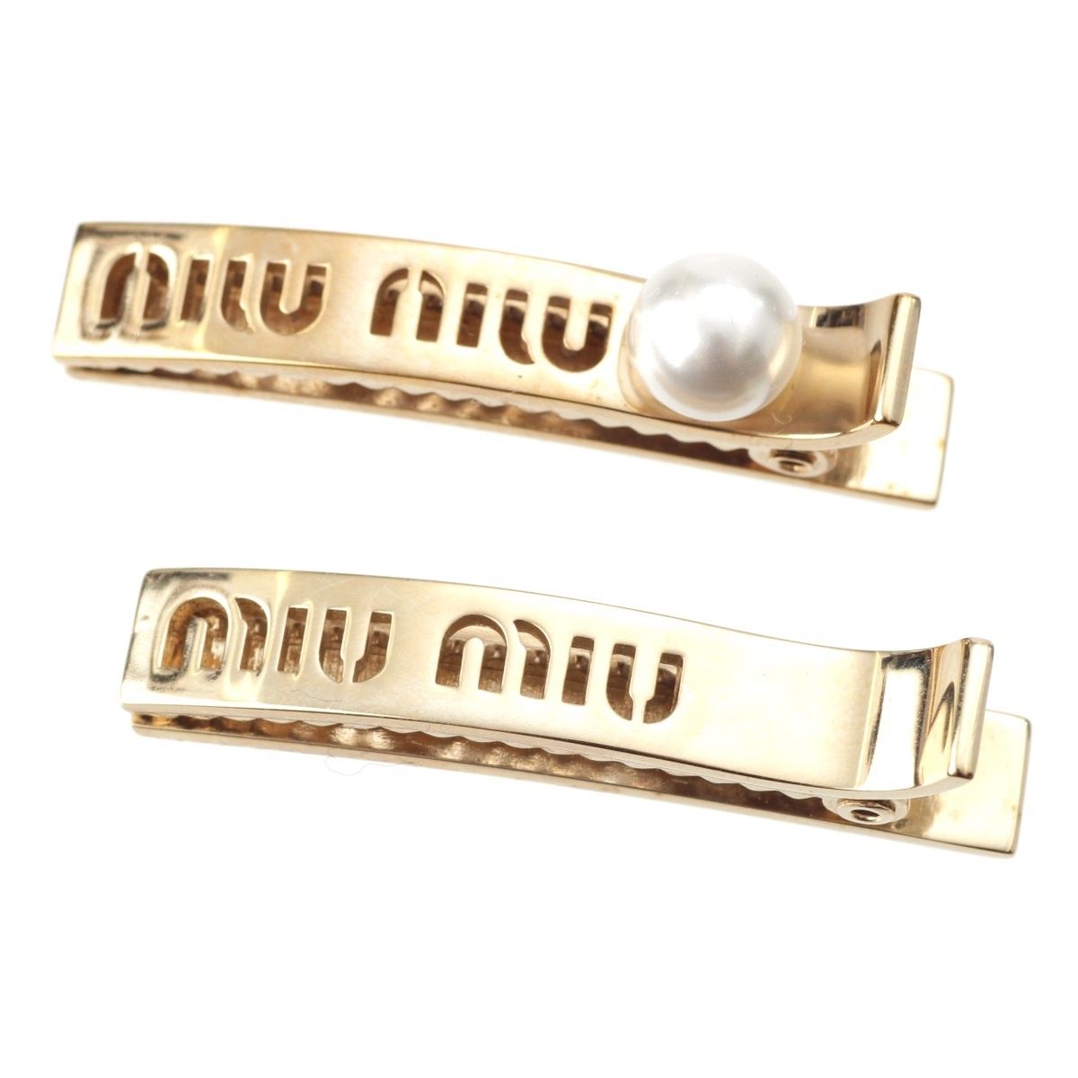 MIU MIU ゴールドパールヘアピン2個セット ミュウミュウ パール エンボスロゴ クリップ ヘアアクセサリー