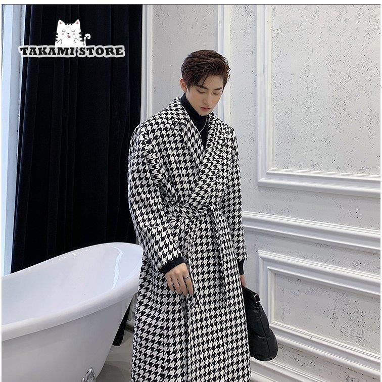 チェスターコート メンズ 千鳥柄 黒 白 ロング 暖かい チェック